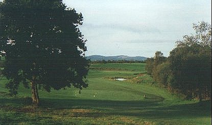 A fairway at The Pines Golf Centre, lined with trees, hills in the distance